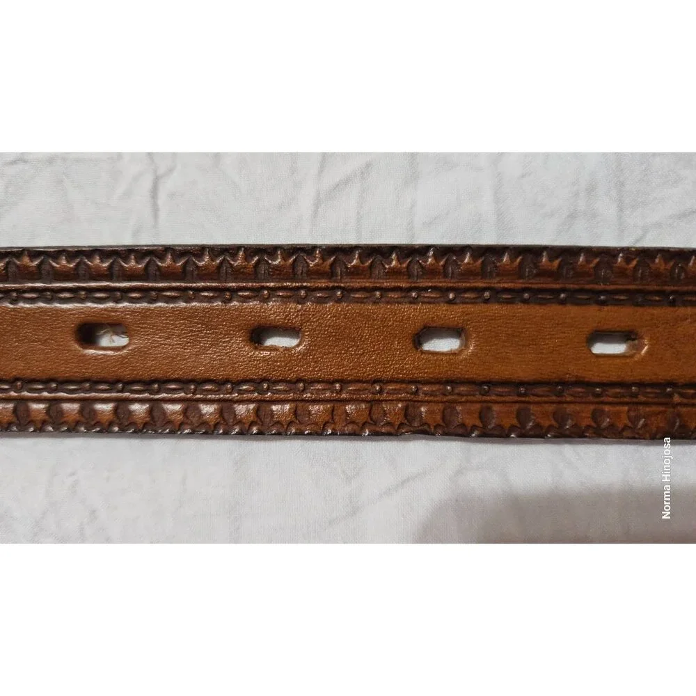 Vintage Justin Champion Western Leather Belt W/ Tooled Buckle & Woven Design 25
